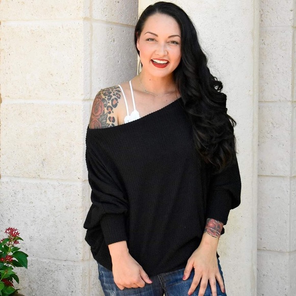 The House Of Gentry Sweaters - Brushed Black Waffle Weave Off The Shoulder Top